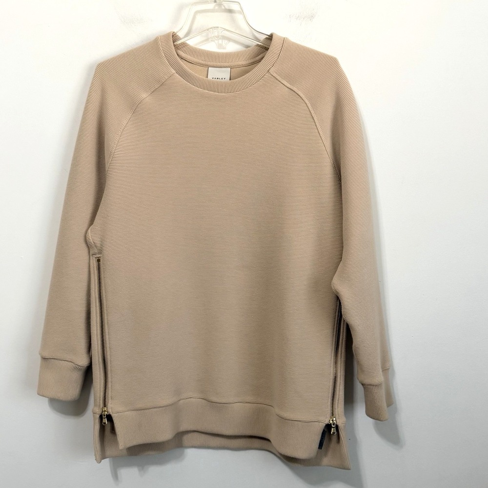 Varley Womens Manning Sweatshirt S‎ Side Zip Ribbed Comfort Tan Long Sleeve Top